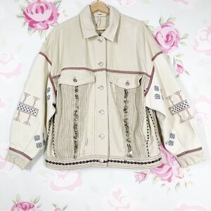 NEW Free People Winter Cactus Embroidered Boho  Beige Denim Trucker Jacket S
